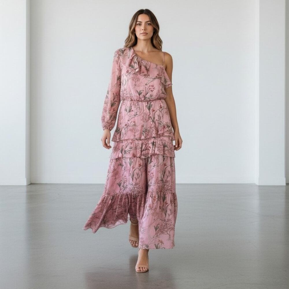 Johanna Ortiz X H&M Pink Floral Satin One Shoulder Tiered Ruffle Maxi Dress Sz S